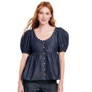 Kika Vargas x Target Puff Sleeve Peplum Top XS Navy Chambray Scalloped Neckline